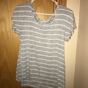 Grey and white striped scoop neck shirt